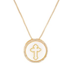 Collar cruz san Benito dorado con micro circones al alrededor del diseño de cruz Brilho- GCO1010001-1