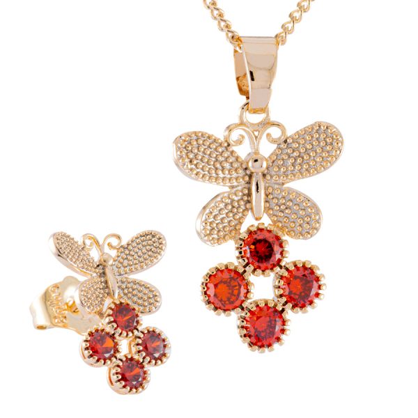 Conjunto aros y collar diseño mariposa con circones rojos Brilho - GJU1010004-2
