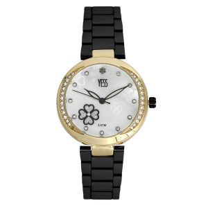 Reloj de mujer análogo clásico y circones blancos con pulso negro Yess - C9262-04