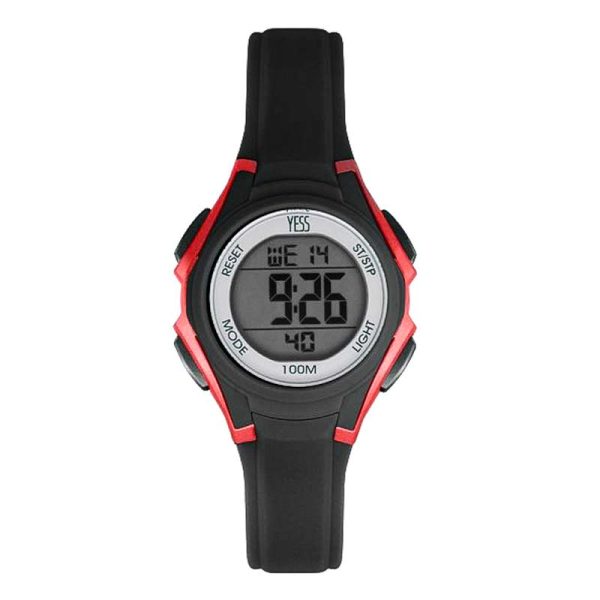 Reloj deportivo digital color negro con bordes rojos