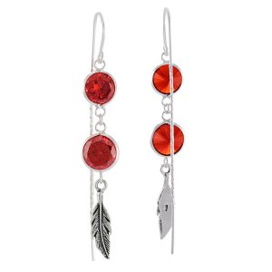 Aros plata italiana diseño pluma y doble circón rojo Brilho - PAT0920036-7