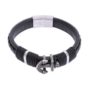 Pulsera ancla de barco envejecida de acero Brilho. Material: Cuero Ecologico. Acero Quirúrgico 316. Color Negro. Largo de 21cm. Marca: Brilho. SKU: APU0110006-08