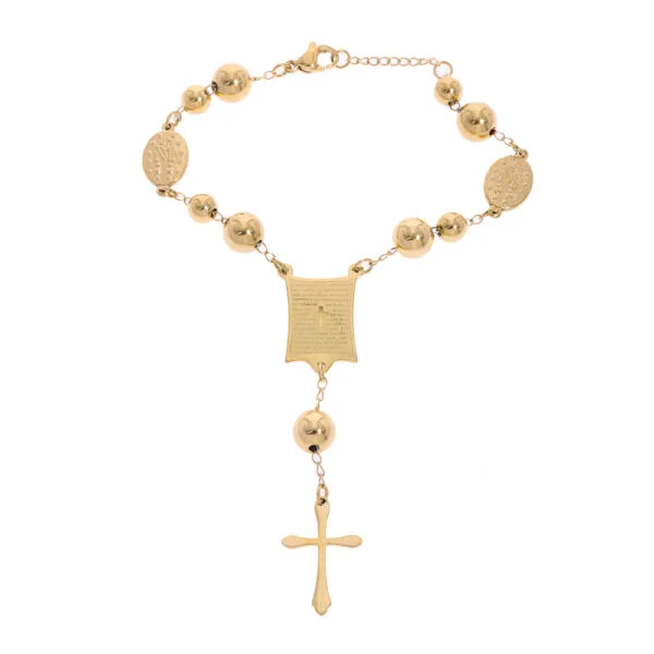 Pulsera Religiosa Padre Nuestro. Baño Oro Goldfilled. Acero Quirúrgico 316. Lrgo de 18cm. Brilho. SKU: APU0120116-01
