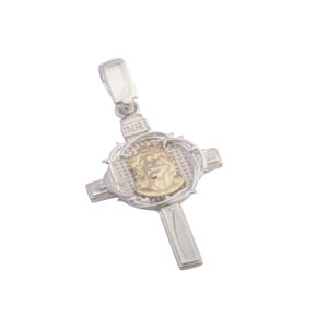 Dije Colgante Jesús y Corona de Espinas en la Cruz. Oro y Plata Italiana 925. Peso de 5,8 Gramos. Diseño Jesús. Alto: 6,4 cm. Ancho de 3,7 cm. SKU: PDJ0901001-5,8GR Brilho.